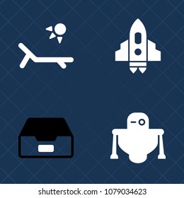 Premium set of fill vector icons. Such as archive, beach, sun, robotic, paperwork, holiday, science, shuttle, storage, exploration, galaxy, sunny, file, document, android, travel, cyborg, rocket, ship