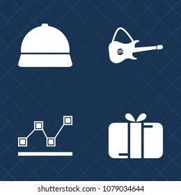 Premium set of fill vector icons. Such as report, holiday, jazz, gift, black, box, decoration, bow, surprise, celebration, guitar, instrument, worker, sign, white, object, growth, head, concert, cap