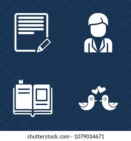 Premium set of fill vector icons. Such as textbook, animal, document, love, pen, men, white, web, book, romantic, character, page, guy, paper, couple, education, boy, literature, dove, write, edit