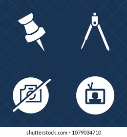 Premium set of fill vector icons. Such as photo, pin, photography, picture, architect, no, drawing, tool, video, equipment, camera, web, information, location, divider, instrument, gps, position, show