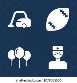 Premium set of fill vector icons. Such as hospital, household, stethoscope, floor, balloon, spotlight, white, celebration, birthday, house, vacuum, appliance, air, team, game, happy, health, sport