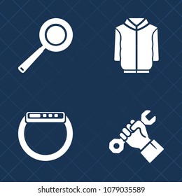 Premium set of fill vector icons. Such as screen, jacket, male, fashion, kitchen, builder, time, iron, smart, apparel, style, restaurant, meal, industry, helmet, construction, pan, white, black, site