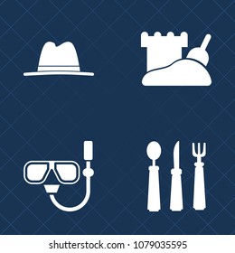 Premium set of fill vector icons. Such as dinner, goggles, leisure, mask, sea, table, eat, summer, kitchen, vacation, travel, cutlery, equipment, sand, black, sport, hat, ocean, uniform, snorkeling