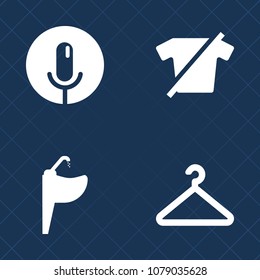 Premium set of fill vector icons. Such as wet, wardrobe, liquid, musical, apparel, drop, mic, bathroom, metal, chrome, sign, cloakroom, water, shop, microphone, kitchen, t-shirt, sound, fashion, coat