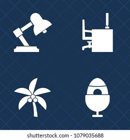 Premium set of fill vector icons. Such as interior, electric, top, summer, exotic, work, modern, beach, tropical, colorful, holiday, leaf, nature, blank, lamp, home, egg, palm, desk, keyboard, coconut
