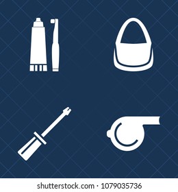 Premium set of fill vector icons. Such as steel, hardware, whistle, hygiene, medicine, referee, industry, technology, bag, clean, female, toothbrush, industrial, accessory, screw, dentist, judge, game