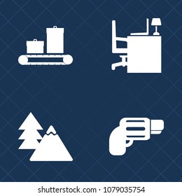 Premium set of fill vector icons. Such as environment, office, forest, nature, trolley, caliber, sign, notebook, trunk, pistol, blank, firearm, wood, work, top, green, transportation, suitcase, desk
