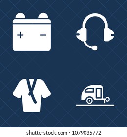 Premium set of fill vector icons. Such as headphones, microphone, transport, trailer, holiday, music, belt, sound, nature, clothes, female, charger, speaker, journey, electricity, power, vacation, sky