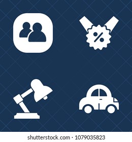 Premium set of fill vector icons. Such as sport, sign, gift, speed, electric, lamp, percent, shop, discount, auto, traffic, drive, light, car, desk, person, coupon, interior, business, furniture, tag
