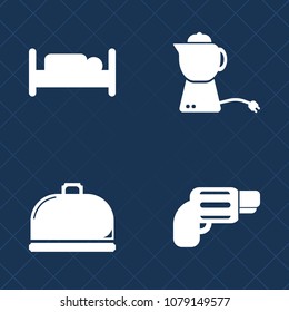 Premium set of fill vector icons. Such as firearm, hotel, kettle, cup, automatic, dish, object, double, menu, beverage, danger, furniture, hot, drink, lunch, bedroom, background, house, plate, handgun