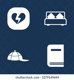 Premium set of fill vector icons. Such as uniform, wear, bed, learning, white, pillow, library, open, literature, day, comfortable, heart, book, furniture, head, textbook, love, broken, headwear, hat