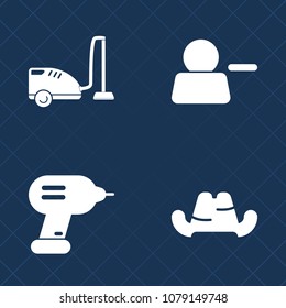 Premium set of fill vector icons. Such as vacuum, account, object, web, headwear, internet, baseball, work, user, domestic, tool, instrument, industrial, fashion, sport, household, hat, wear, add, cap