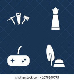 Premium set of fill vector icons. Such as castle, king, wrench, video, pen, write, hammer, ink, controller, pawn, white, game, nib, calligraphy, computer, object, joystick, fountain, saw, queen, rook