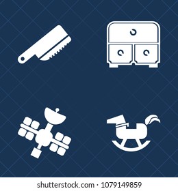 Premium set of fill vector icons. Such as setting, satellite, office, file, white, drawer, storage, open, rocking, equipment, business, restaurant, communication, play, table, sign, food, furniture
