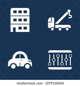 Premium set of fill vector icons. Such as transport, shape, sound, city, music, traffic, real, automobile, human, vehicle, speed, accident, road, transportation, waveform, hotel, office, building, tow