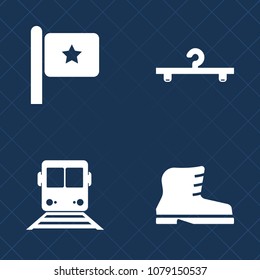 Premium set of fill vector icons. Such as clothes, clothing, style, patriot, footwear, wear, railroad, walking, road, train, subway, shoes, railway, red, vehicle, transportation, leather, banner, boot