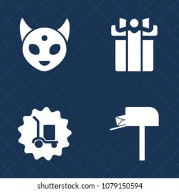 Premium set of fill vector icons. Such as post, weight, fantasy, delivery, decoration, anniversary, alien, science, correspondence, futuristic, truck, monster, ufo, mail, message, white, greeting, bow