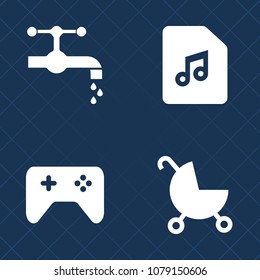 Premium set of fill vector icons. Such as music, childhood, black, button, joystick, metal, note, sink, bathroom, background, graphic, perambulator, key, controller, buggy, wheel, technology, computer