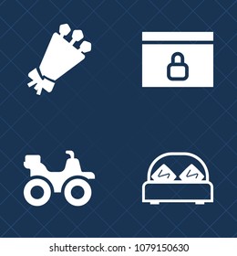 Premium set of fill vector icons. Such as padlock, rose, interior, beautiful, white, bed, hotel, safe, transportation, riding, business, gift, web, pink, quad, home, decoration, flower, website, petal