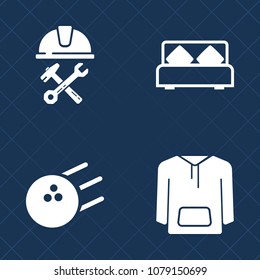 Premium set of fill vector icons. Such as hotel, industry, double, sport, house, room, game, site, clothing, comfortable, industrial, foreman, job, home, pillow, fashion, work, bowling, business, bed