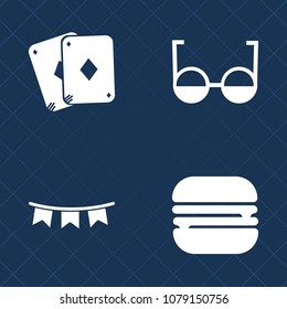 Premium set of fill vector icons. Such as celebration, style, game, poker, flag, spectacles, win, casino, frame, card, eye, fast, decoration, gambling, burger, eyesight, party, vision, cheeseburger