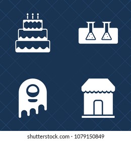 Premium set of fill vector icons. Such as creature, spaceship, chemistry, fantasy, fiction, dessert, ufo, sign, cart, sweet, tasty, extraterrestrial, sale, futuristic, technology, medicine, alien, pie
