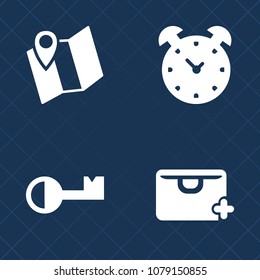 Premium set of fill vector icons. Such as vintage, hour, bag, safe, commerce, pin, lock, alarm, retail, clock, wake, map, navigation, direction, door, sale, minute, watch, street, business, key, gps