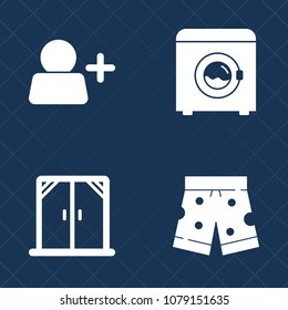 Premium set of fill vector icons. Such as detergent, short, architecture, laundry, new, sign, person, machine, house, household, view, home, glass, modern, decoration, account, shirt, housework, add