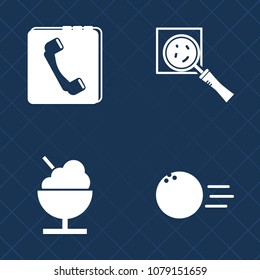 Premium set of fill vector icons. Such as book, icecream, game, magnifier, ice, bowl, food, summer, dessert, hobby, bowling, lane, snack, pin, focus, view, find, telephone, magnifying, look, web, zoom