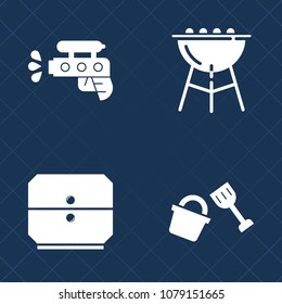 Premium set of fill vector icons. Such as work, squirt, water, file, cabinet, playful, sign, spray, bucket, business, toy, meat, pistol, document, cook, childhood, storage, silhouette, picnic, office