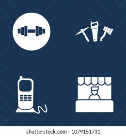 Premium set of fill vector icons. Such as stationary, retail, gym, wrench, weight, telephone, equipment, health, lifestyle, digital, food, cart, call, market, shop, grocery, customer, white, spanner