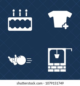 Premium set of fill vector icons. Such as bowling, sport, strike, food, fun, leisure, brick, stone, shirt, ball, antique, cake, dessert, apparel, village, clothes, rural, tasty, pin, sugar, textile