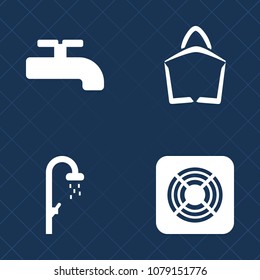 Premium set of fill vector icons. Such as wind, retail, blue, bathroom, air, shop, hygiene, buy, sign, equipment, cooling, cooler, construction, supply, home, crane, head, bag, fresh, electric, market