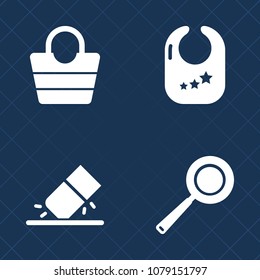 Premium set of fill vector icons. Such as erasing, utensil, delete, food, cook, toy, pan, nursery, bag, object, brown, black, equipment, infant, erase, play, school, rattle, handle, kitchen, child