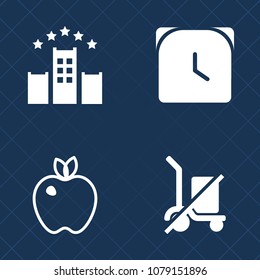 Premium set of fill vector icons. Such as luggage, food, minute, white, vacation, digital, healthy, vegetarian, timer, hotel, shopping, bed, hour, travel, taxi, delicious, fresh, watch, time, plane