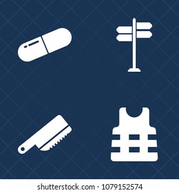 Premium set of fill vector icons. Such as map, care, traffic, dinner, boat, pointer, silverware, kitchen, capsule, sign, ship, safety, life, painkiller, vest, road, security, travel, street, jacket