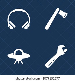 Premium set of fill vector icons. Such as galaxy, spacecraft, audio, white, work, equipment, brush, digital, ear, earphone, industry, headphone, listen, astronomy, modern, black, space, music, sign