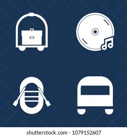 Premium set of fill vector icons. Such as tourism, microphone, vinyl, vacation, travel, boat, stop, album, transportation, trip, restaurant, musical, audio, music, coffee, sea, sound, player, media