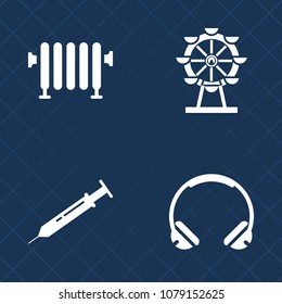 Premium set of fill vector icons. Such as entertainment, radiator, medicine, joy, earphone, eye, tool, warm, wheel, fair, needle, listen, temperature, music, equipment, water, fun, house, home, health