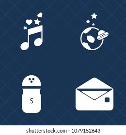 Premium set of fill vector icons. Such as galaxy, star, food, planet, cosmos, envelope, sound, spaceship, shaker, clef, treble, note, earth, internet, salt, key, fresh, space, mail, astronaut, orbit