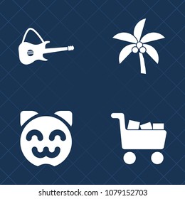 Premium set of fill vector icons. Such as shop, sign, nature, kitten, sound, buy, retail, palm, happy, coconut, japanese, plant, beach, concert, cart, musical, travel, female, natural, electric, cat