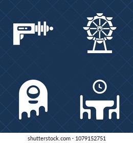 Premium set of fill vector icons. Such as ferris, travel, alien, fun, woman, future, pistol, amusement, entertainment, circle, ufo, fantasy, dinner, weapon, man, time, carousel, happy, space, park