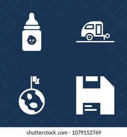 Premium set of fill vector icons. Such as disk, sky, earth, space, blue, adventure, drink, orbit, food, diskette, care, trailer, journey, computer, sign, caravan, internet, holiday, child, milk, baby