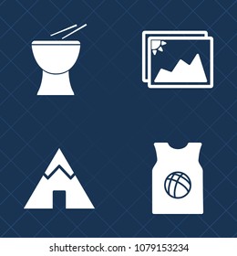 Premium set of fill vector icons. Such as frame, white, vacation, trumpet, tent, adventure, fashion, picture, nature, travel, album, basketball, drum, photo, summer, music, team, percussion, old, sign