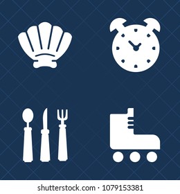 Premium set of fill vector icons. Such as dinner, alarm, leisure, skating, table, fork, number, minute, object, spoon, clock, time, white, cutlery, ocean, dishware, kitchen, bell, vintage, restaurant
