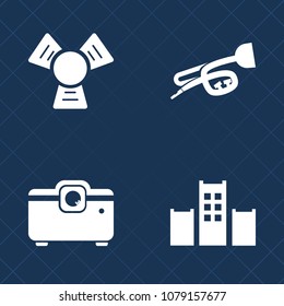 Premium set of fill vector icons. Such as bed, musical, jazz, cold, web, projector, play, taxi, room, key, vacation, trumpet, office, object, water, travel, luggage, media, art, cooling, equipment
