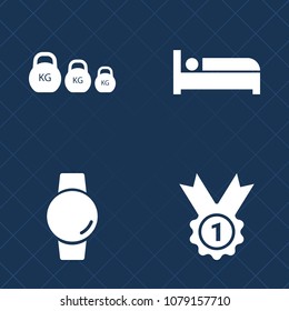 Premium set of fill vector icons. Such as kilogram, relax, prize, heavy, sign, clock, hotel, winner, room, ribbon, bedroom, sport, wireless, medal, smart, lifting, gadget, award, graphic, trophy, time