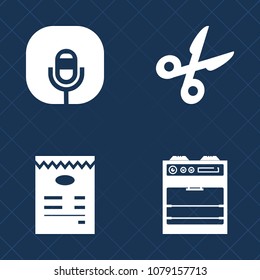 Premium set of fill vector icons. Such as music, audience, kitchen, object, food, stage, electric, musical, microphone, web, house, paper, home, button, sign, sound, mic, household, oven, cut, media