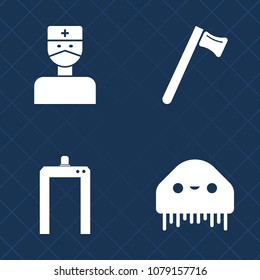 Premium set of fill vector icons. Such as patient, machine, technology, stethoscope, screwdriver, surgeon, emergency, hospital, radiology, scan, nurse, character, diagnostic, fiction, extraterrestrial