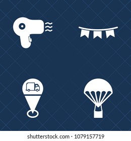 Premium set of fill vector icons. Such as parachute, sky, background, fly, sign, direction, party, happy, skydiver, marker, button, skydive, colorful, flag, sport, beauty, holiday, hairdryer, banner